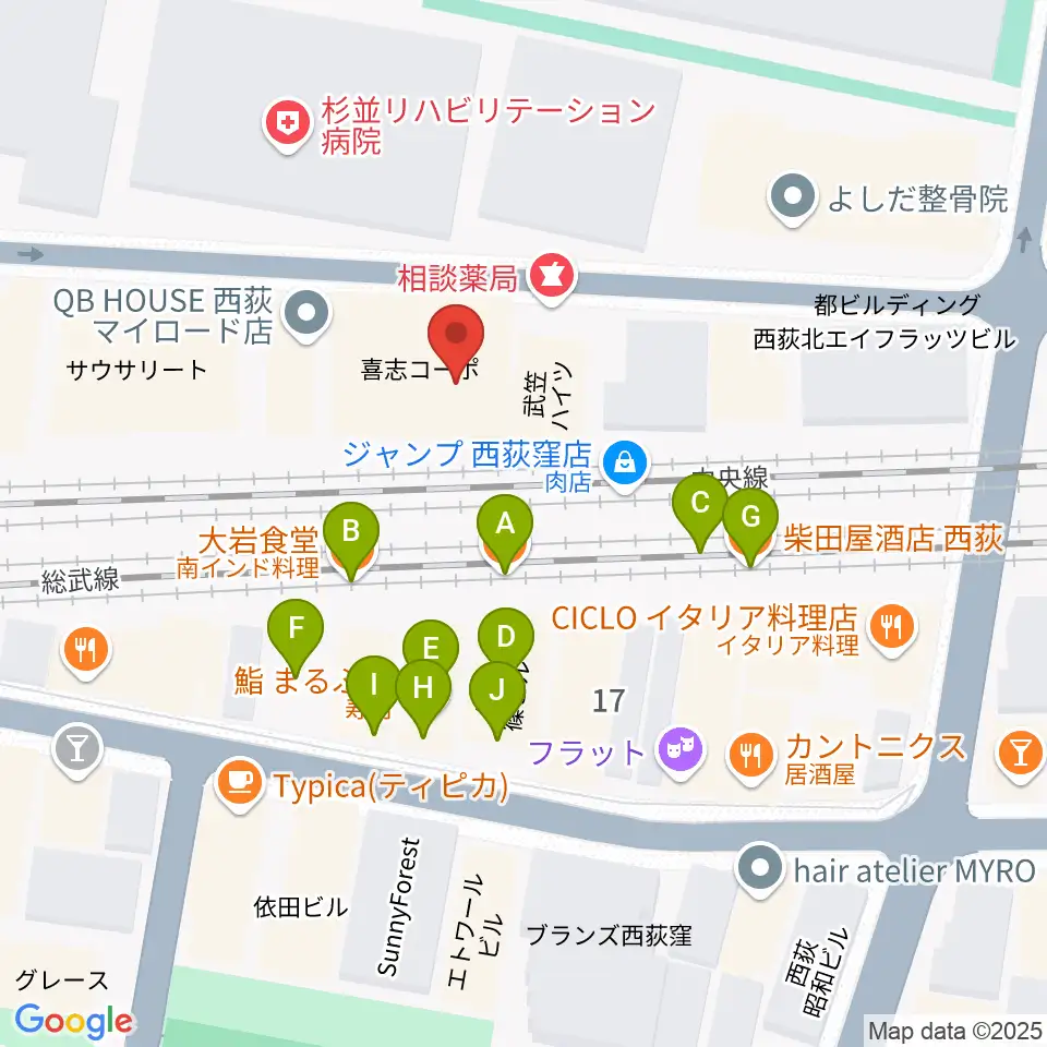 OKADA音楽教室 西荻窪周辺のファミレス・ファーストフード一覧地図