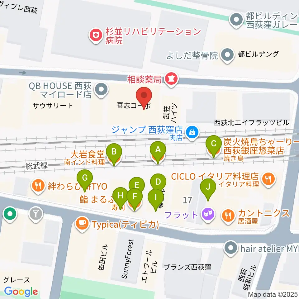 OKADA音楽教室 西荻窪周辺のファミレス・ファーストフード一覧地図