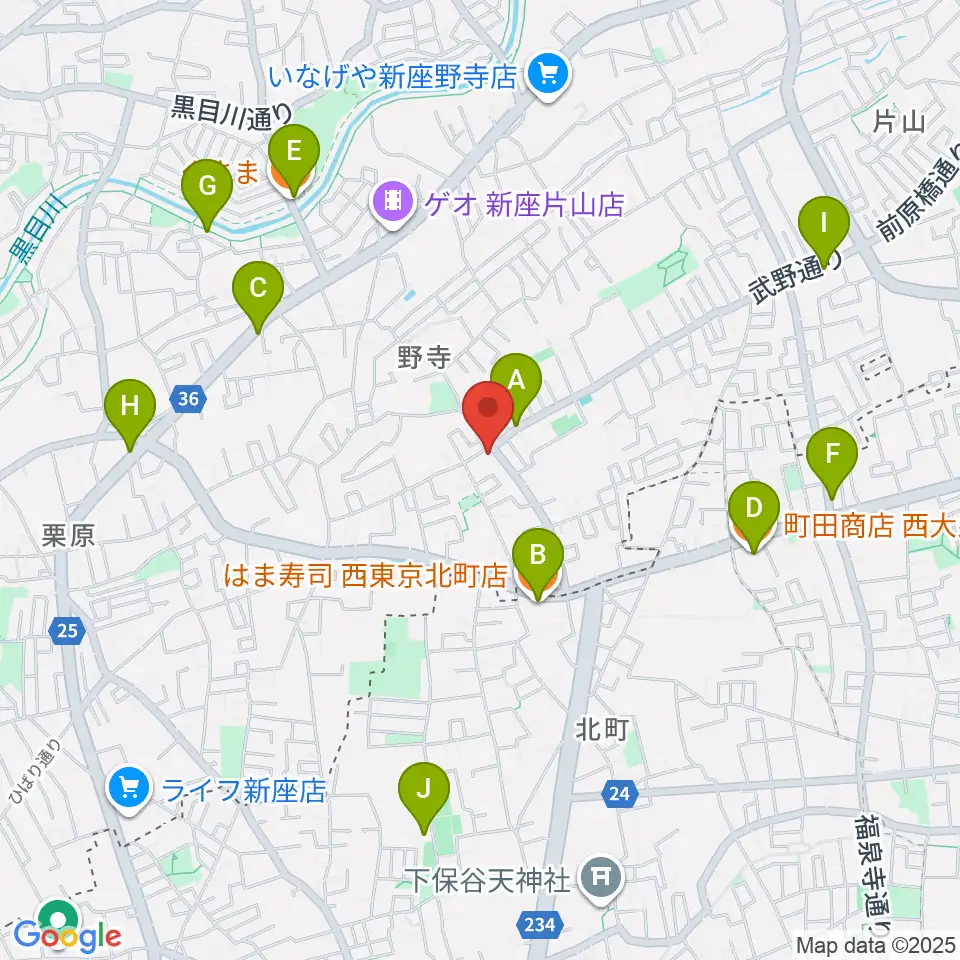 ブランチミュージックスクール周辺のファミレス・ファーストフード一覧地図