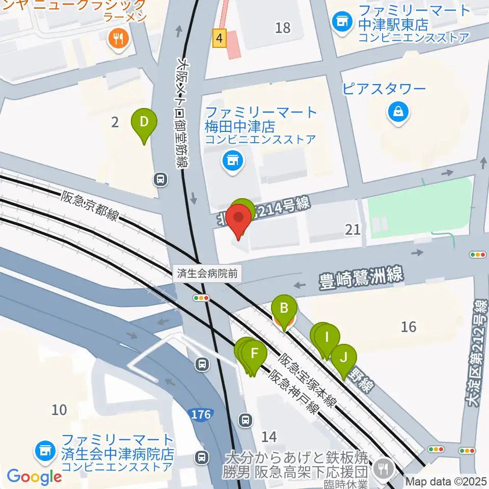 ロキシー・ミュージック・スクール梅田校周辺のファミレス・ファーストフード一覧地図