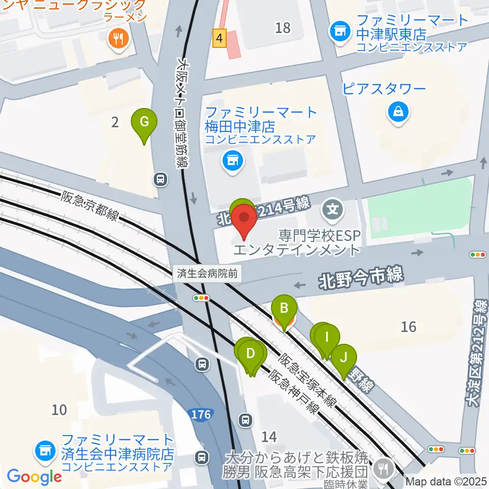 ロキシーミュージックスクール大阪梅田校周辺のファミレス・ファーストフード一覧地図