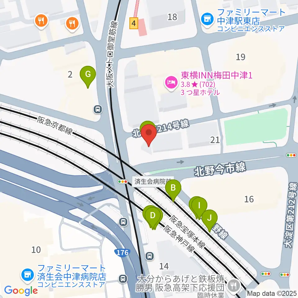 ロキシーミュージックスクール大阪梅田校周辺のファミレス・ファーストフード一覧地図