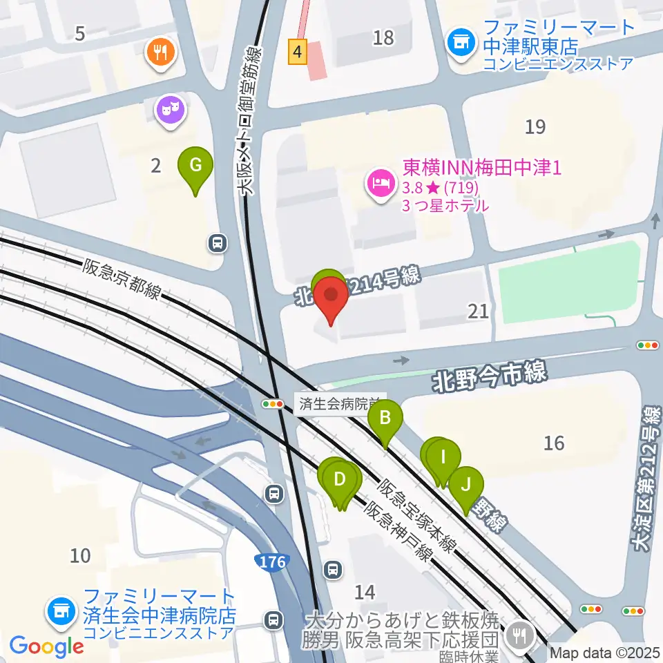 ロキシーミュージックスクール大阪梅田校周辺のファミレス・ファーストフード一覧地図