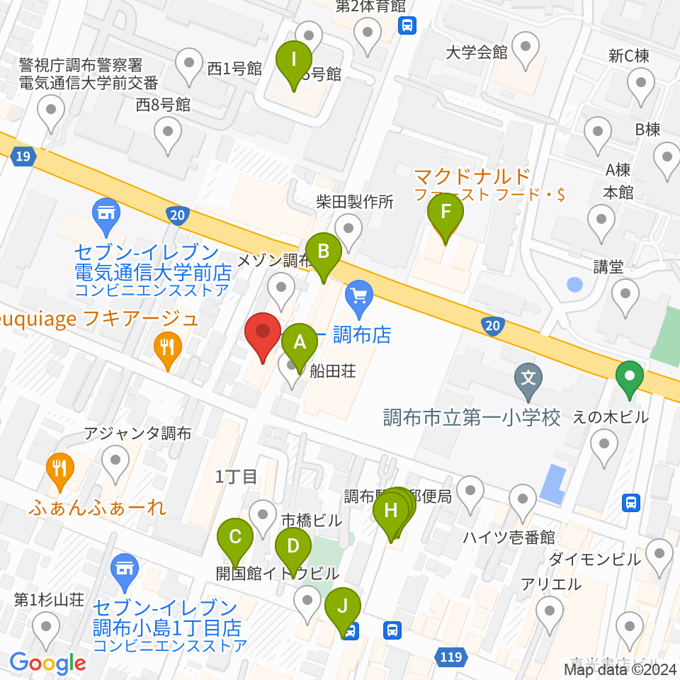 ちょうふ音楽教室周辺のファミレス・ファーストフード一覧地図