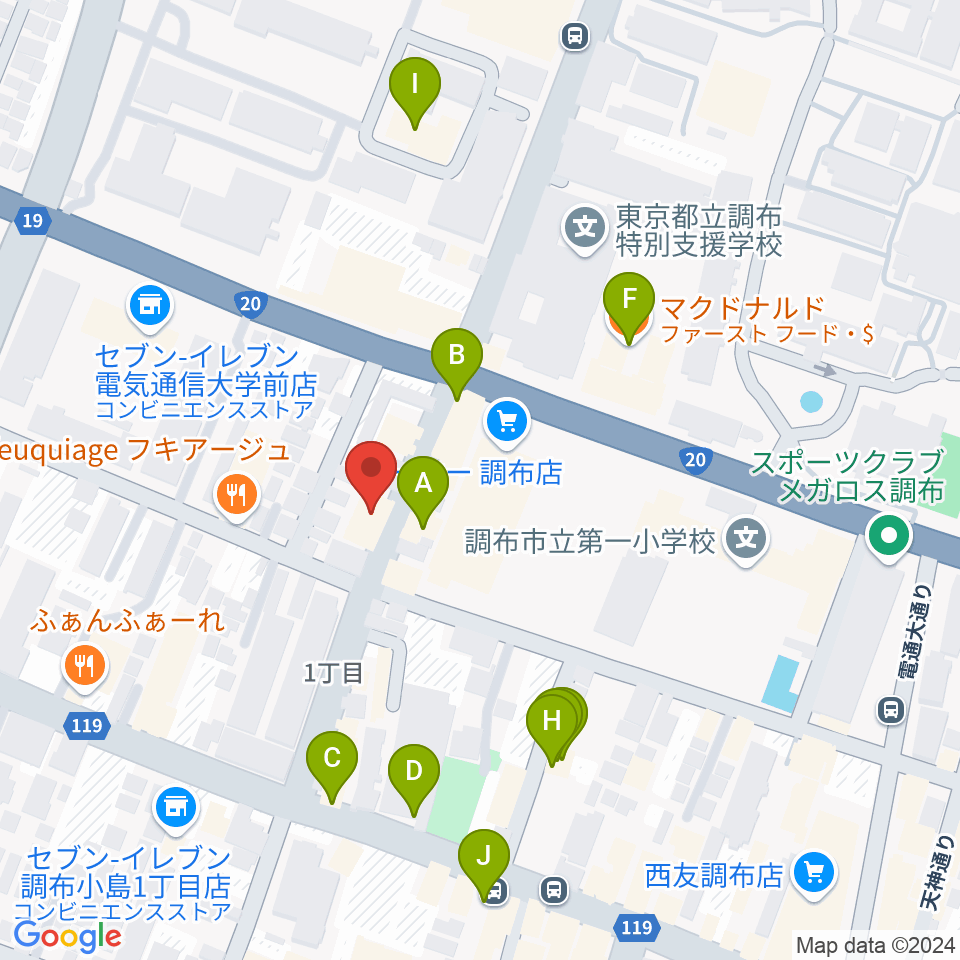 ちょうふ音楽教室周辺のファミレス・ファーストフード一覧地図