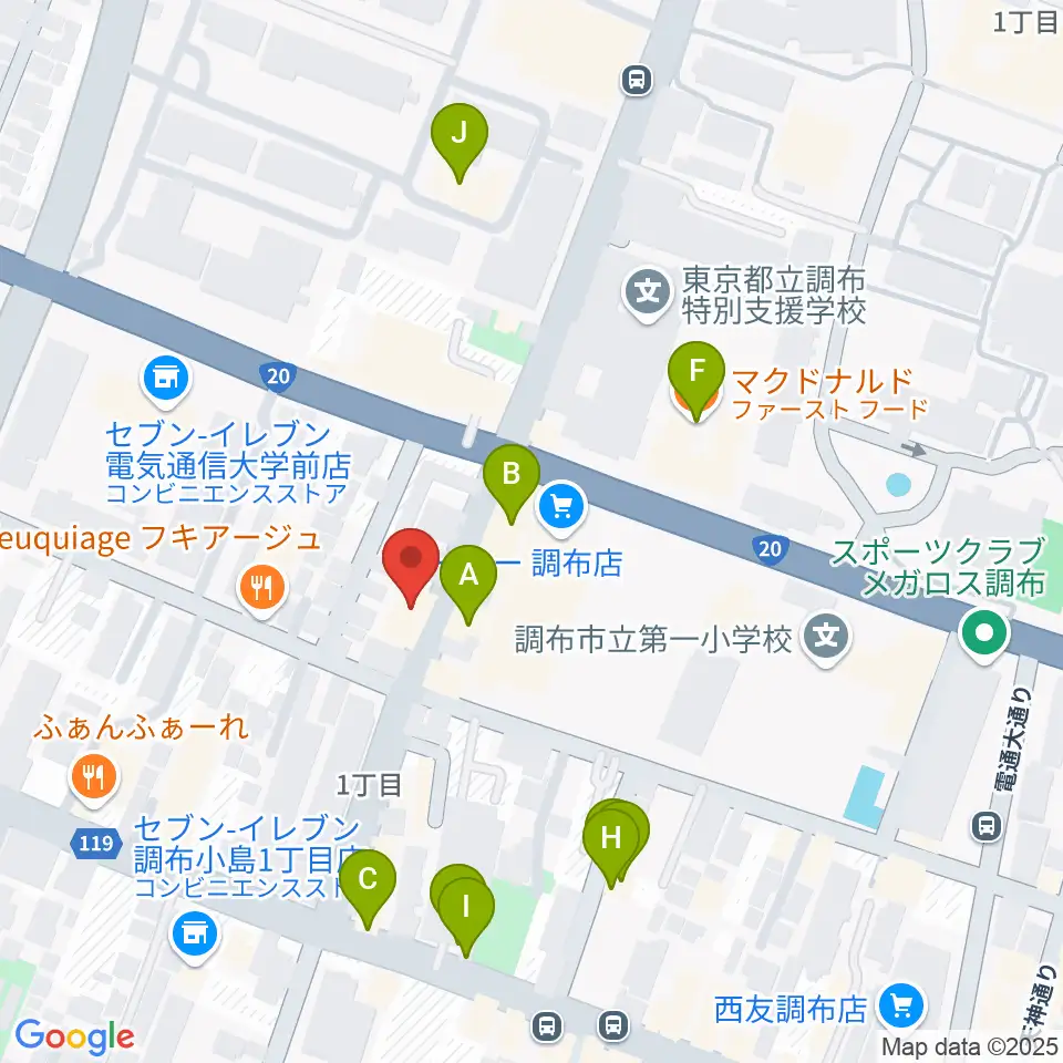 ちょうふ音楽教室周辺のファミレス・ファーストフード一覧地図