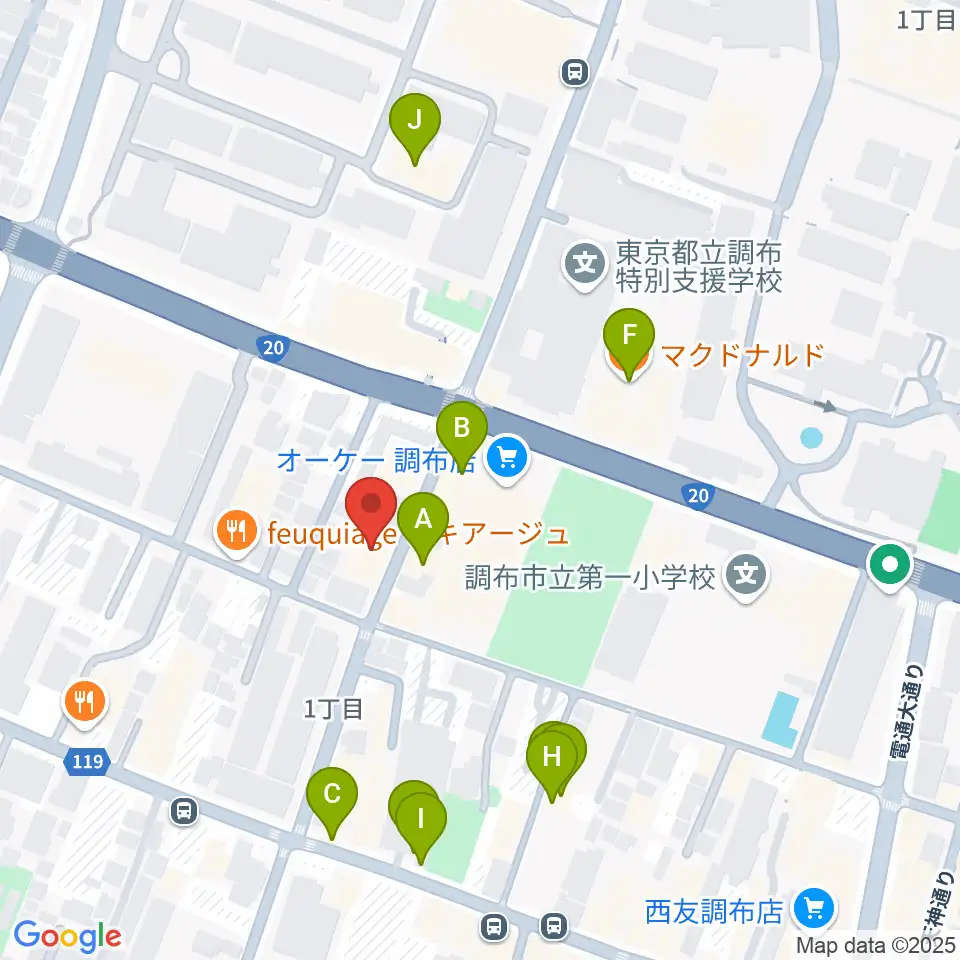 ちょうふ音楽教室周辺のファミレス・ファーストフード一覧地図