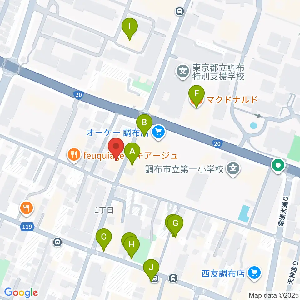 ちょうふ音楽教室周辺のファミレス・ファーストフード一覧地図