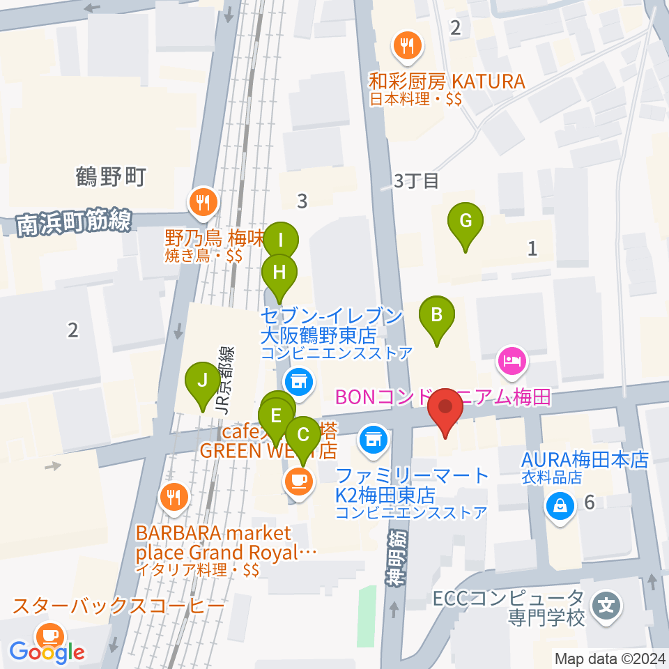 ESPギタークラフト・アカデミー大阪校周辺のファミレス・ファーストフード一覧地図