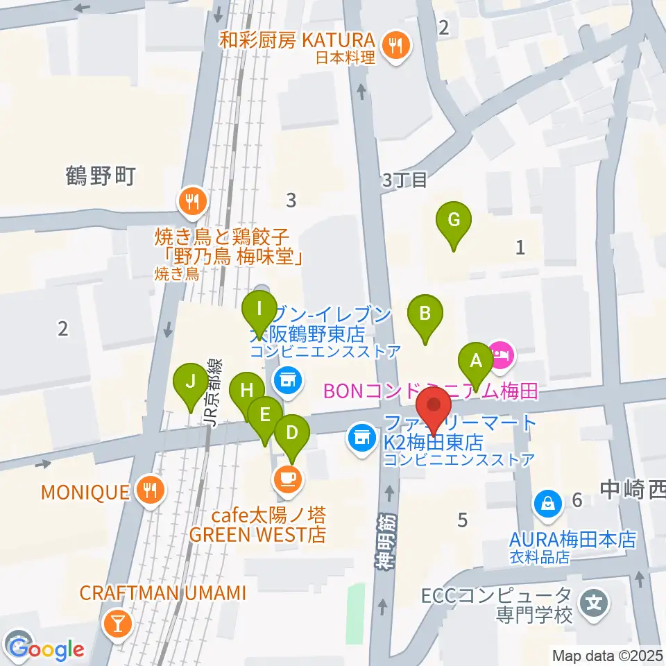 ESPギタークラフト・アカデミー大阪校周辺のファミレス・ファーストフード一覧地図