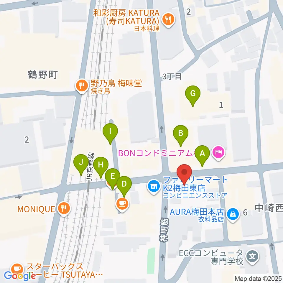 ESPギタークラフト・アカデミー大阪校周辺のファミレス・ファーストフード一覧地図