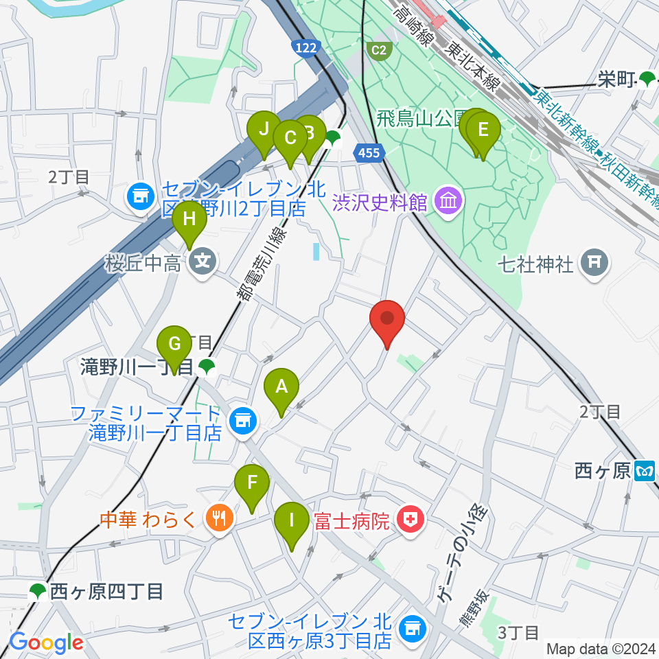 飛鳥音楽学園周辺のファミレス・ファーストフード一覧地図