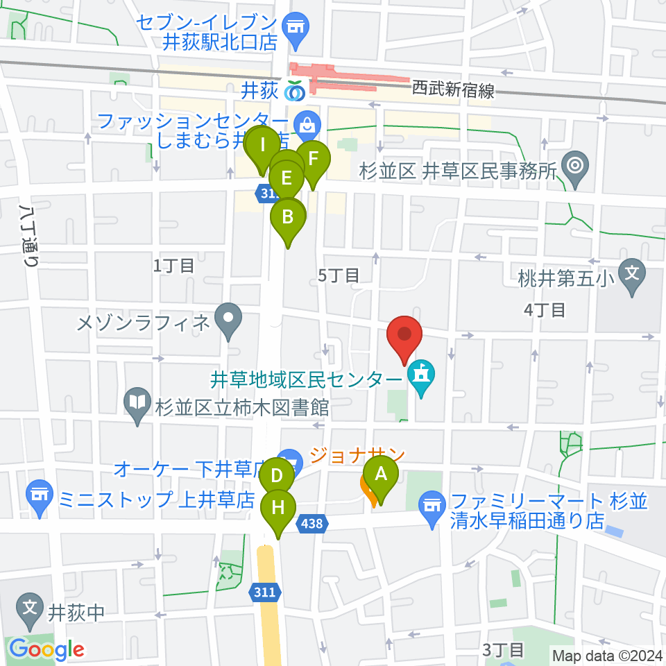 ヒロミュージックスクール周辺のファミレス・ファーストフード一覧地図