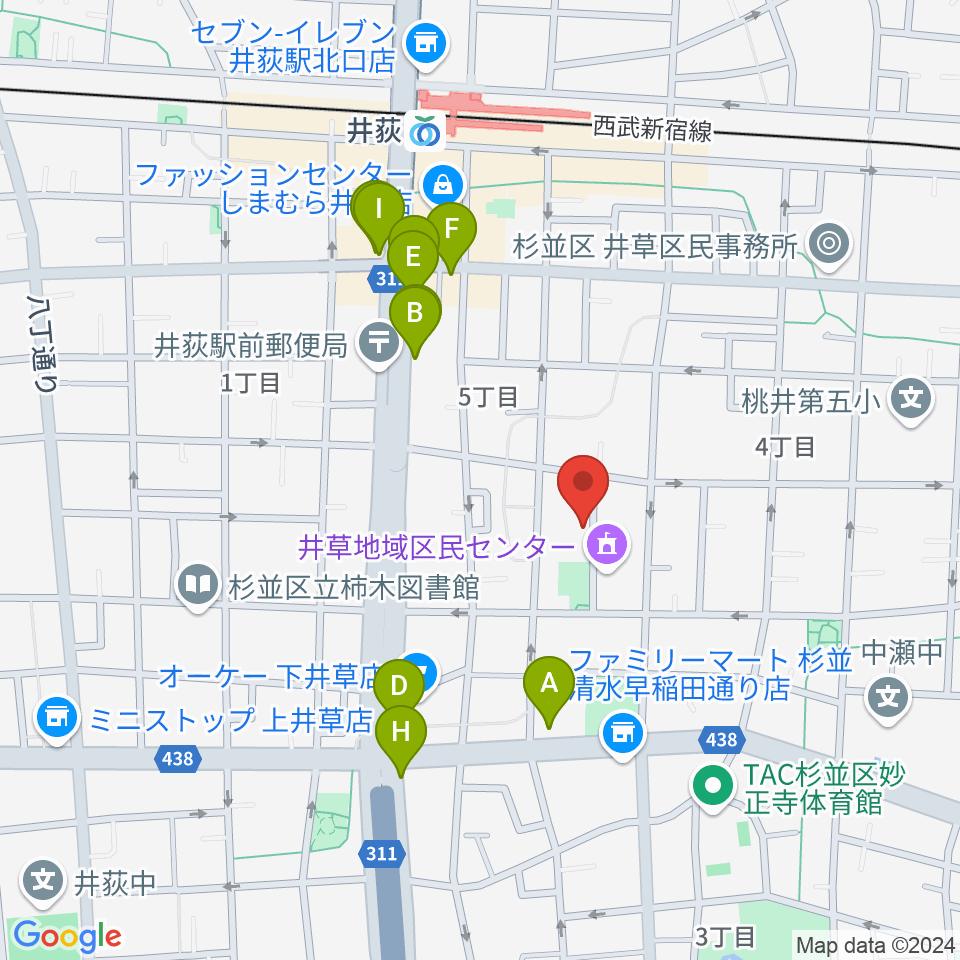 ヒロミュージックスクール周辺のファミレス・ファーストフード一覧地図