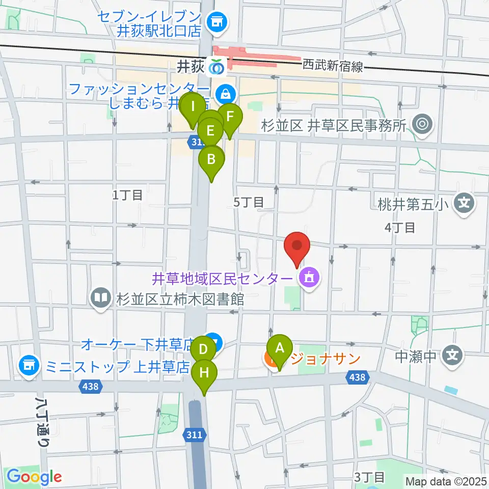 ヒロミュージックスクール周辺のファミレス・ファーストフード一覧地図
