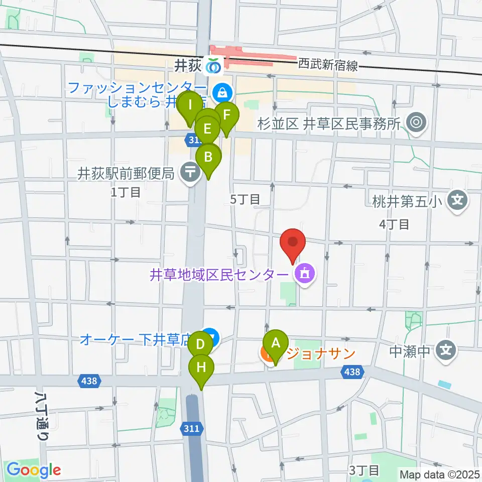 ヒロミュージックスクール周辺のファミレス・ファーストフード一覧地図