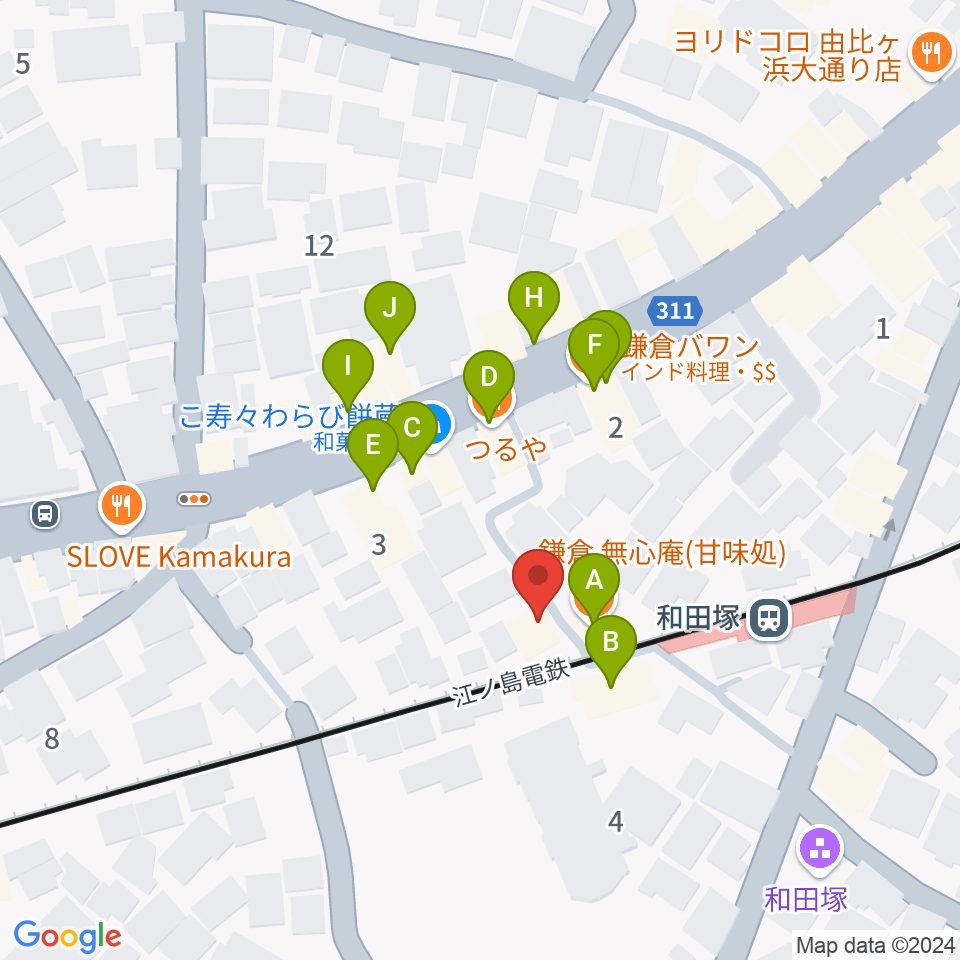 鎌倉アミ音楽教室周辺のファミレス・ファーストフード一覧地図