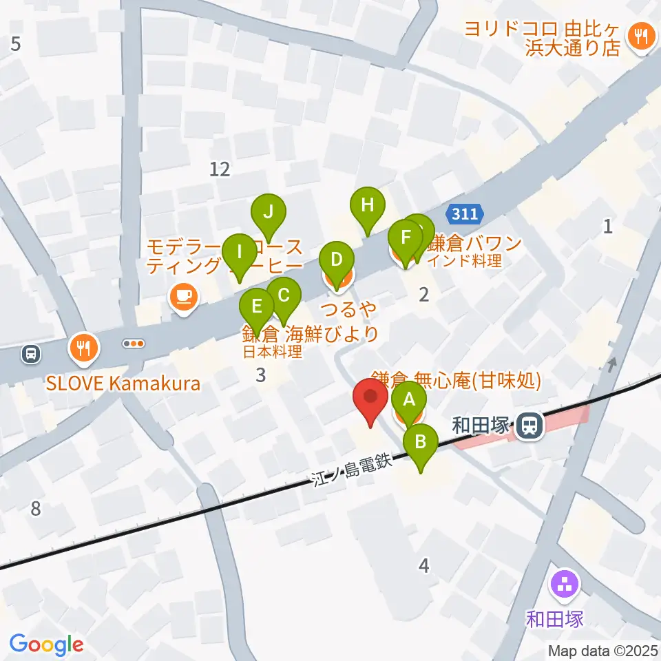 鎌倉アミ音楽教室周辺のファミレス・ファーストフード一覧地図