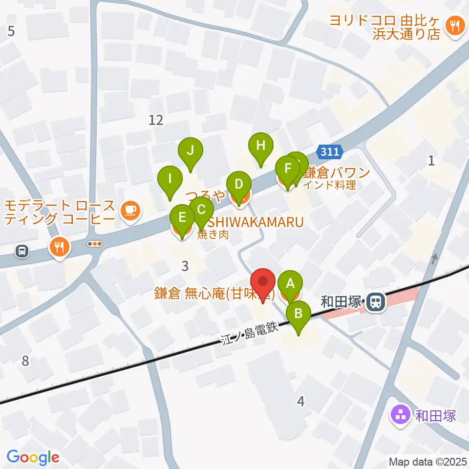 鎌倉アミ音楽教室周辺のファミレス・ファーストフード一覧地図