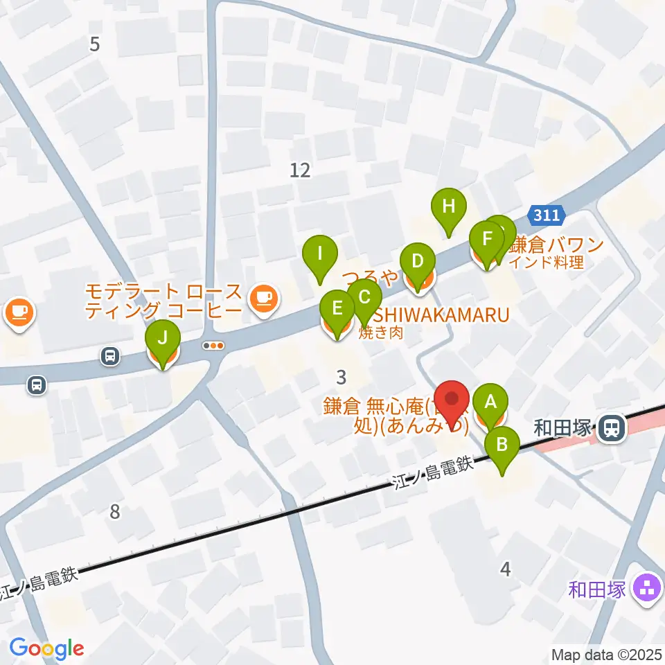 鎌倉アミ音楽教室周辺のファミレス・ファーストフード一覧地図