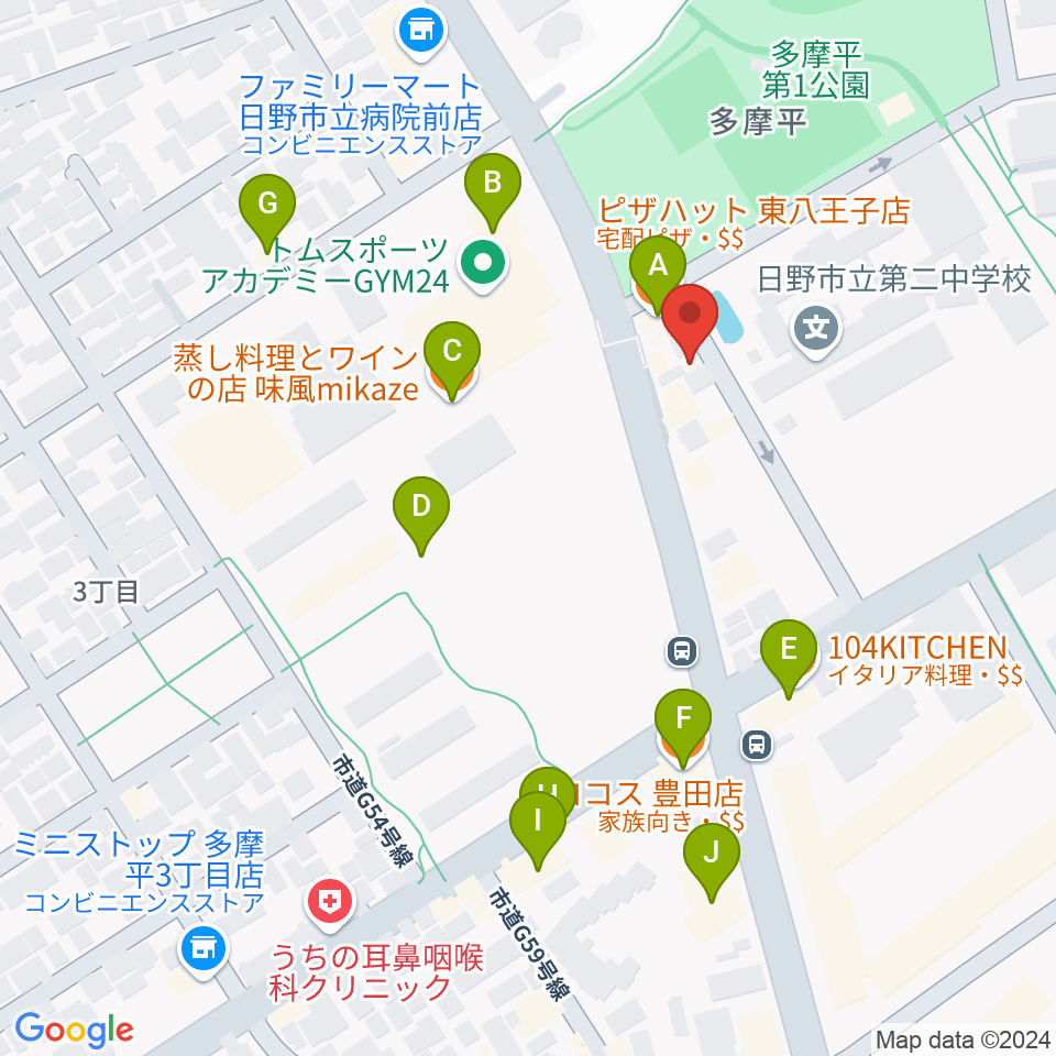 ミュージックスクールTakashima周辺のファミレス・ファーストフード一覧地図