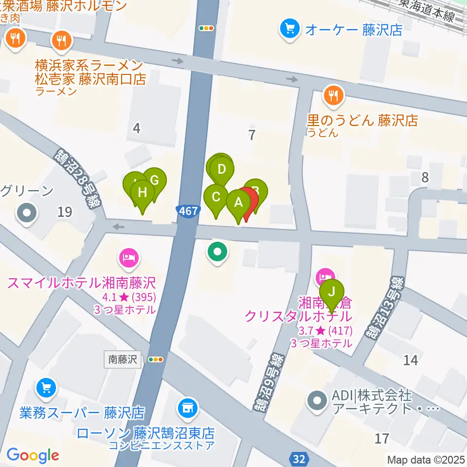 音楽教室パセオ周辺のファミレス・ファーストフード一覧地図