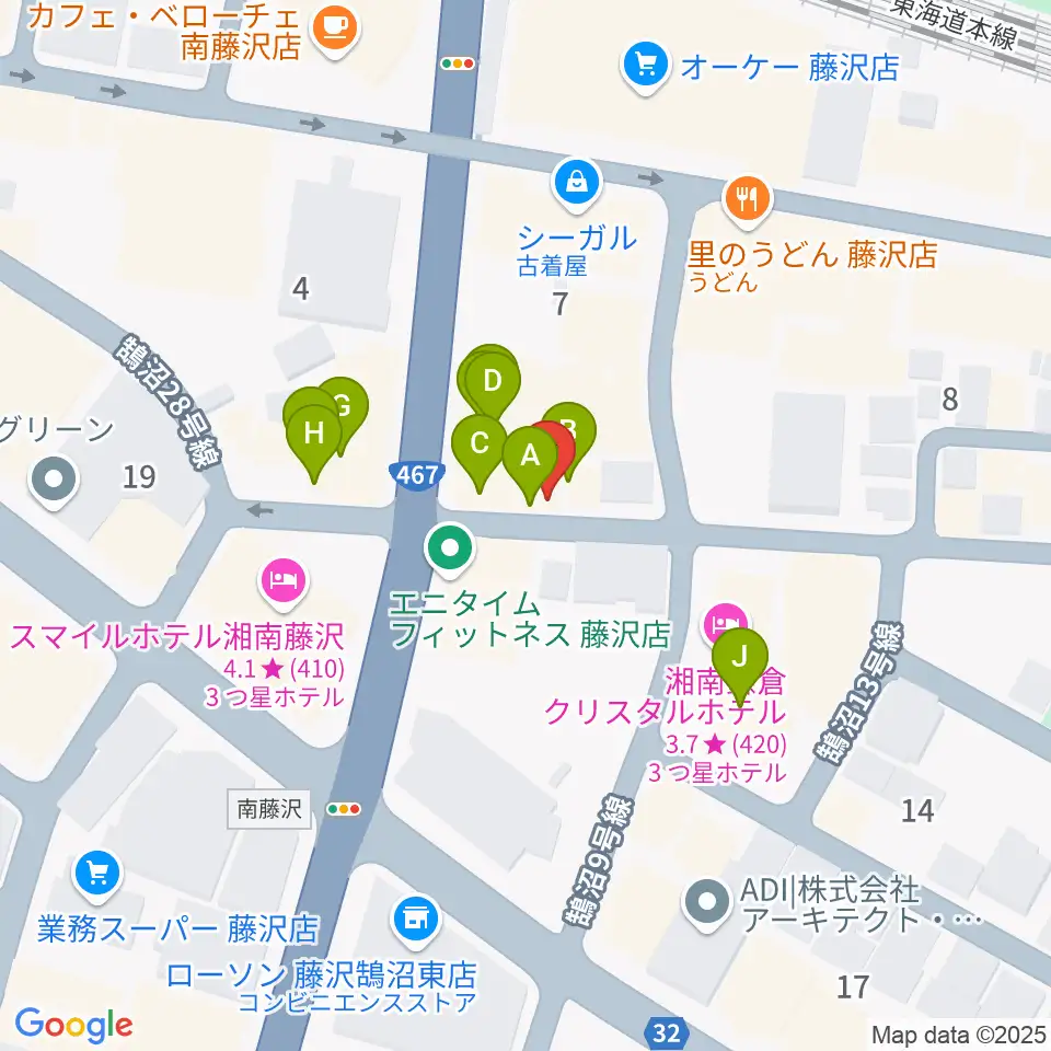 音楽教室パセオ周辺のファミレス・ファーストフード一覧地図
