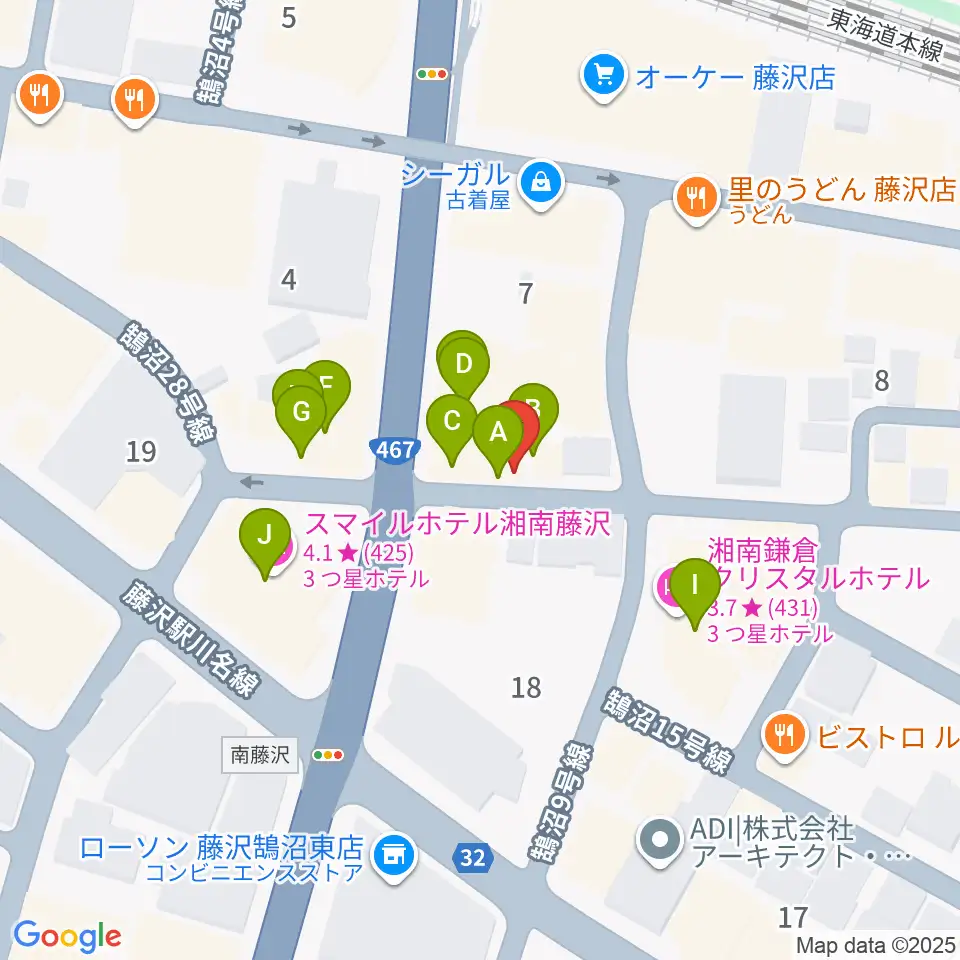 音楽教室パセオ周辺のファミレス・ファーストフード一覧地図