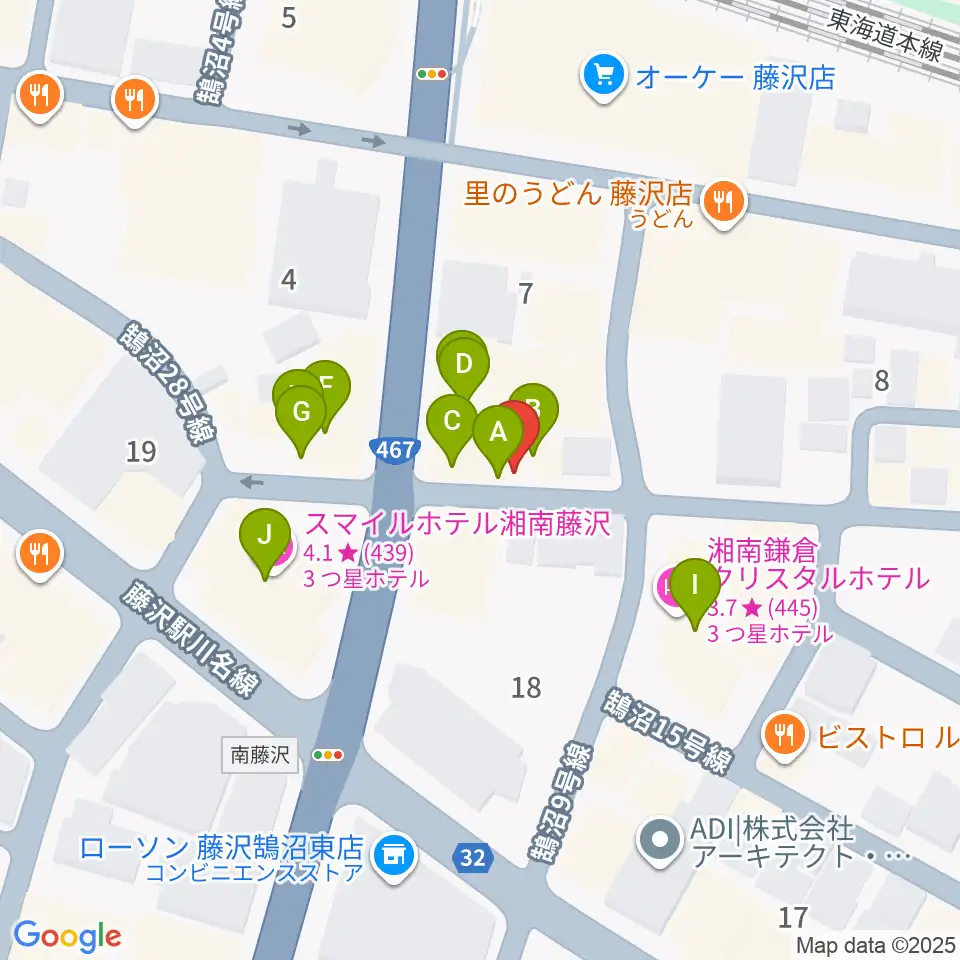音楽教室パセオ周辺のファミレス・ファーストフード一覧地図