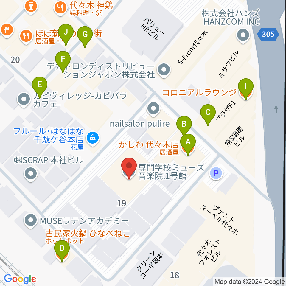 ミューズ音楽院周辺のファミレス・ファーストフード一覧地図