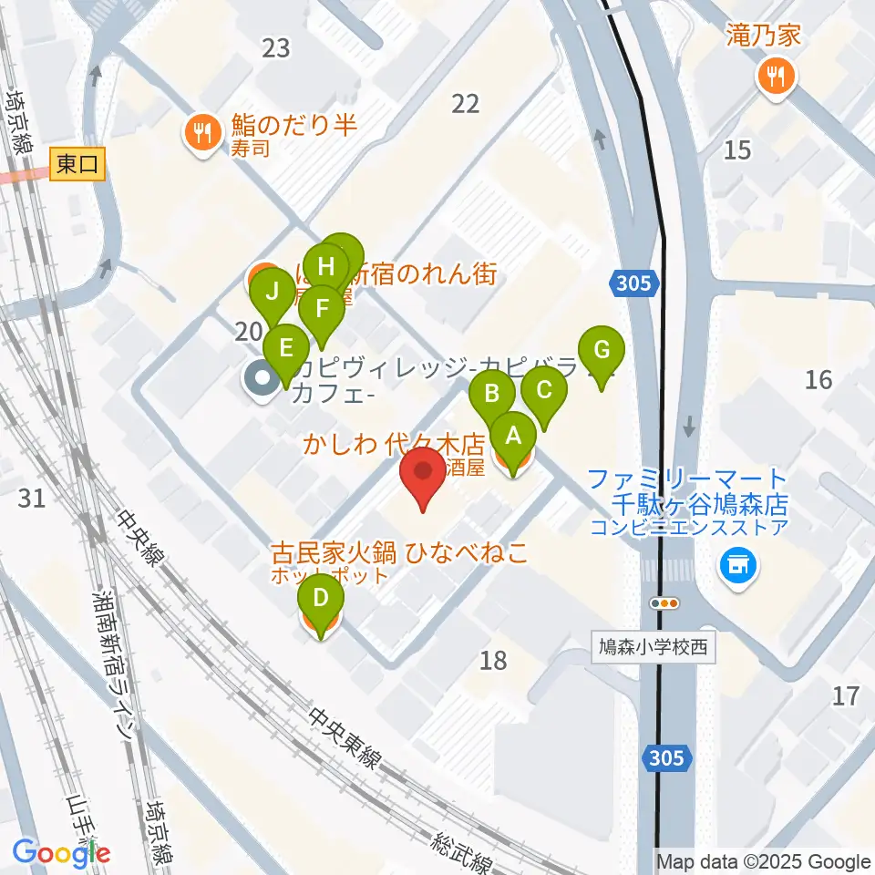 ミューズ音楽院周辺のファミレス・ファーストフード一覧地図