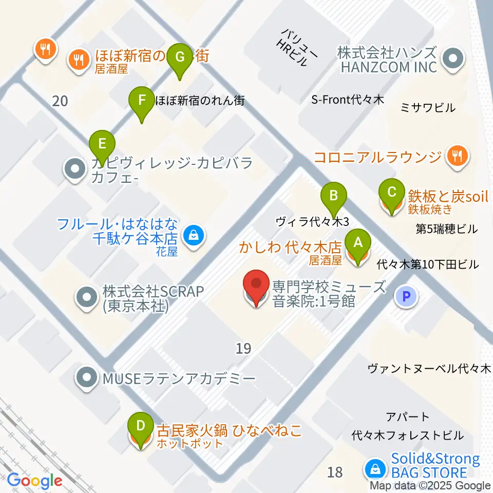 ミューズ音楽院周辺のファミレス・ファーストフード一覧地図
