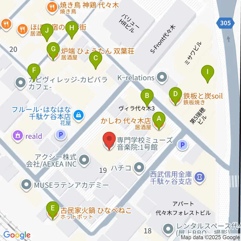 ミューズ音楽院周辺のファミレス・ファーストフード一覧地図