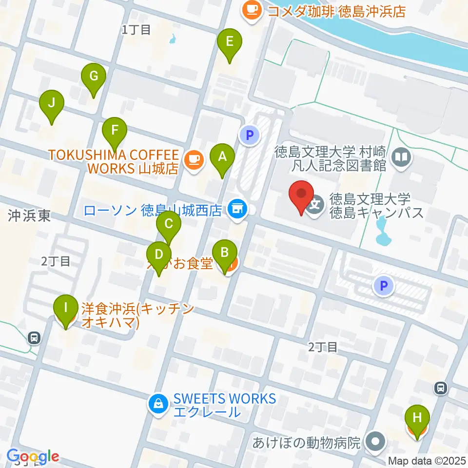 徳島文理大学音楽学部周辺のファミレス・ファーストフード一覧地図
