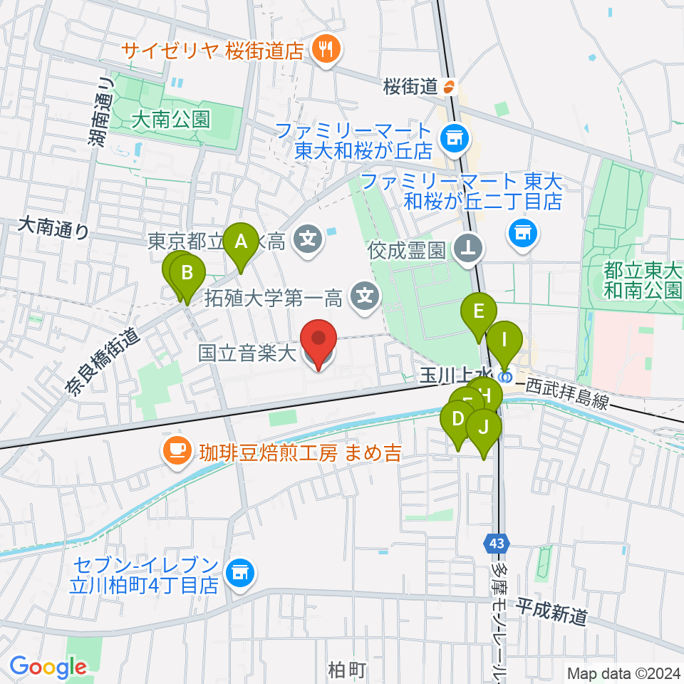 国立音楽大学周辺のファミレス・ファーストフード一覧地図