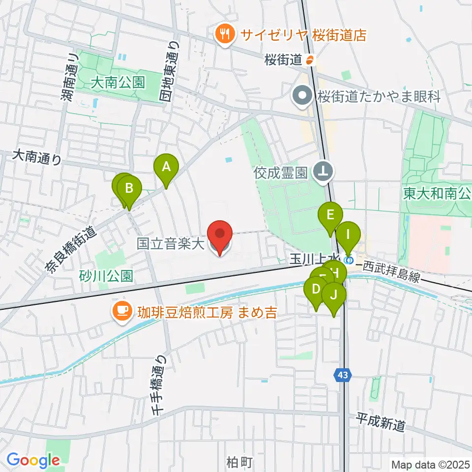 国立音楽大学周辺のファミレス・ファーストフード一覧地図