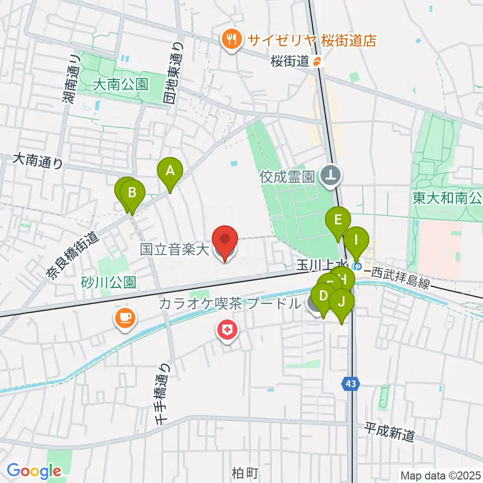 国立音楽大学周辺のファミレス・ファーストフード一覧地図