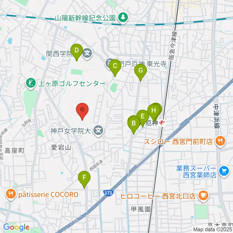 神戸女学院大学音楽学部音楽学科周辺のファミレス・ファーストフード一覧地図