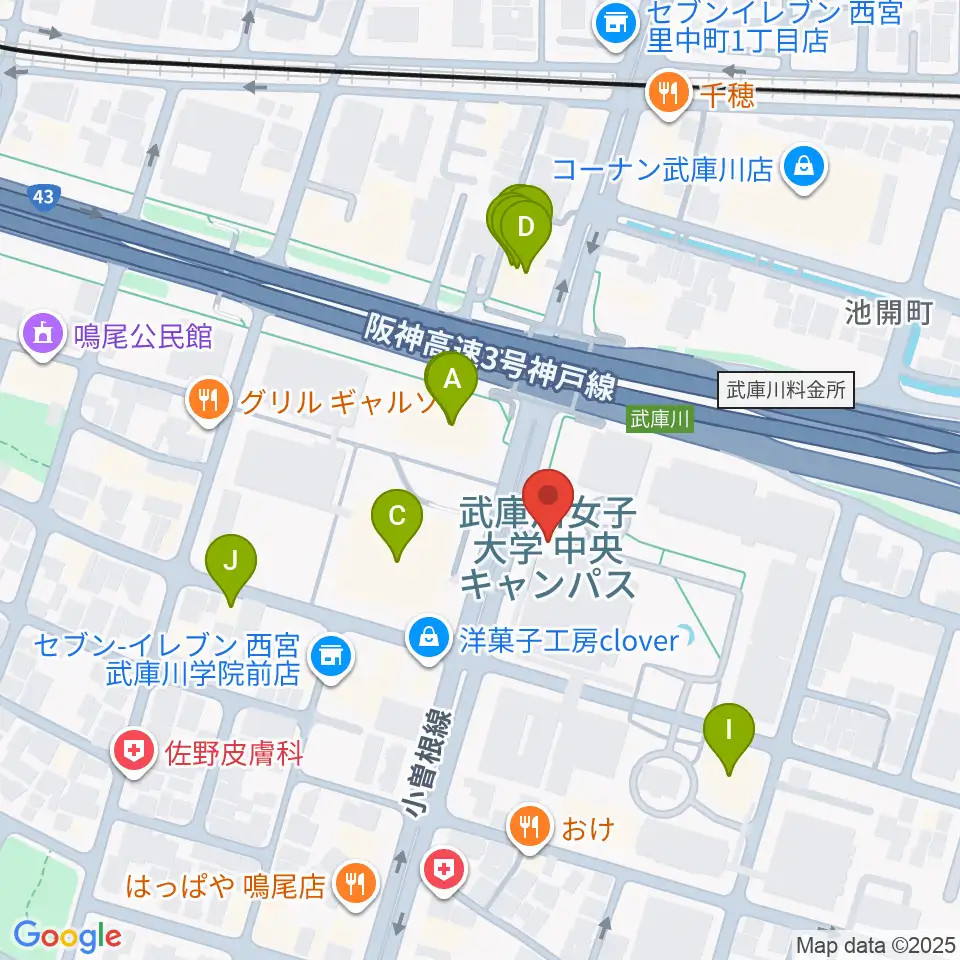 武庫川女子大学 音楽学部周辺のファミレス・ファーストフード一覧地図