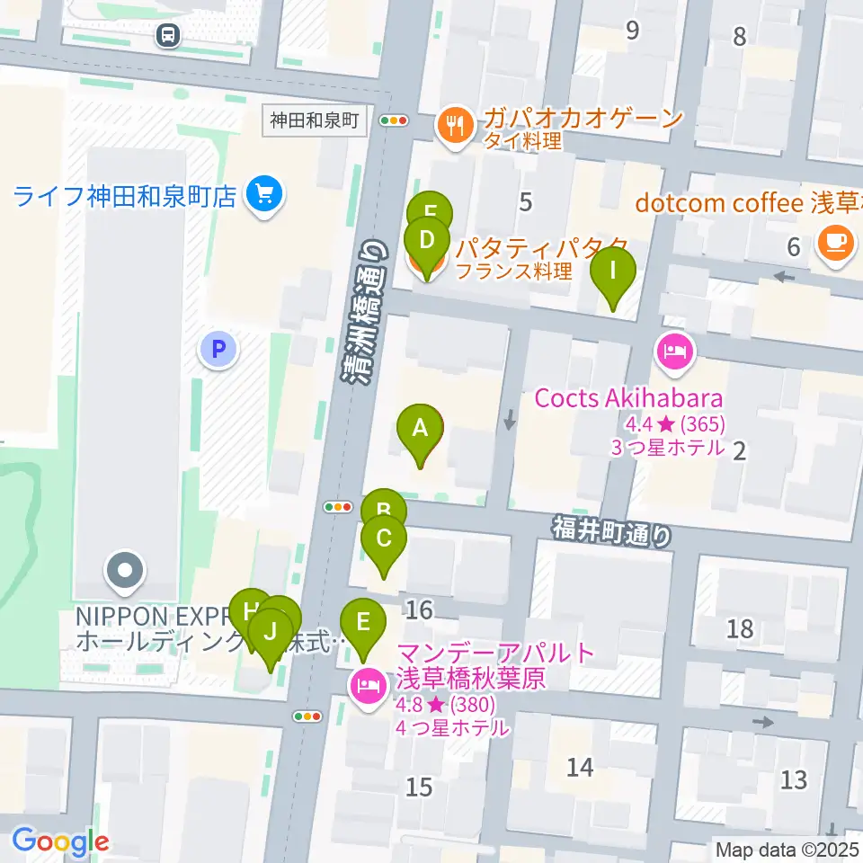 ホットミュージックスクール周辺のファミレス・ファーストフード一覧地図