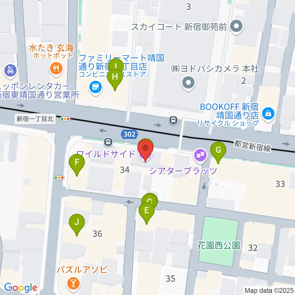 新宿WildSideTokyo周辺のファミレス・ファーストフード一覧地図