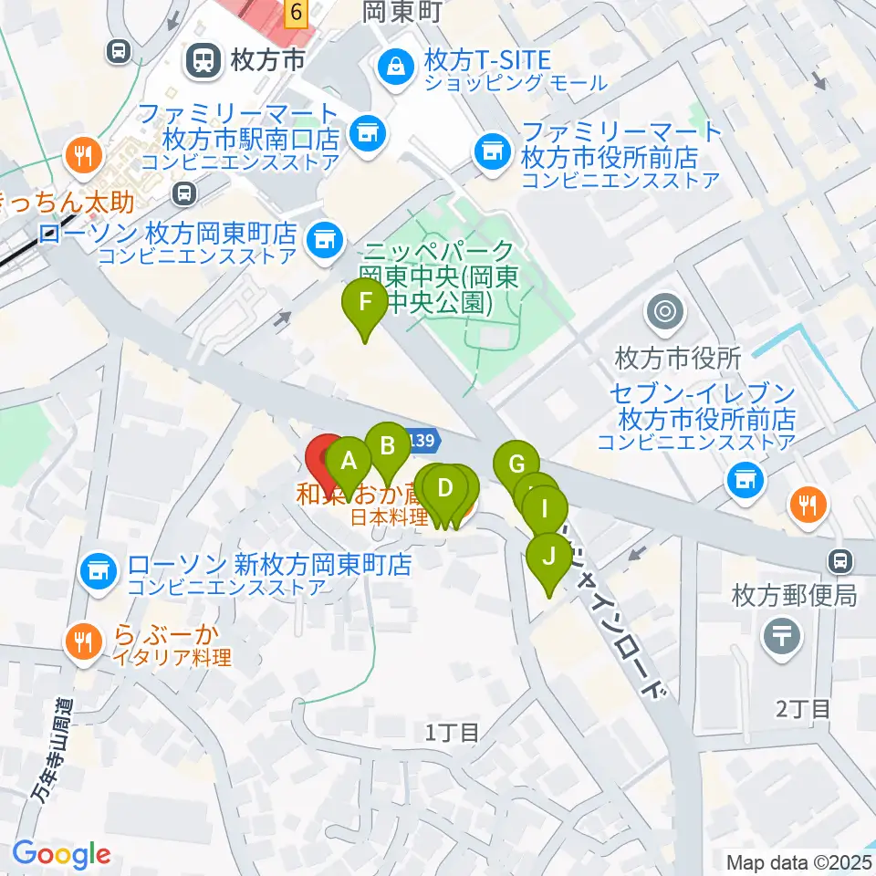 アズイズミュージック枚方店周辺のファミレス・ファーストフード一覧地図