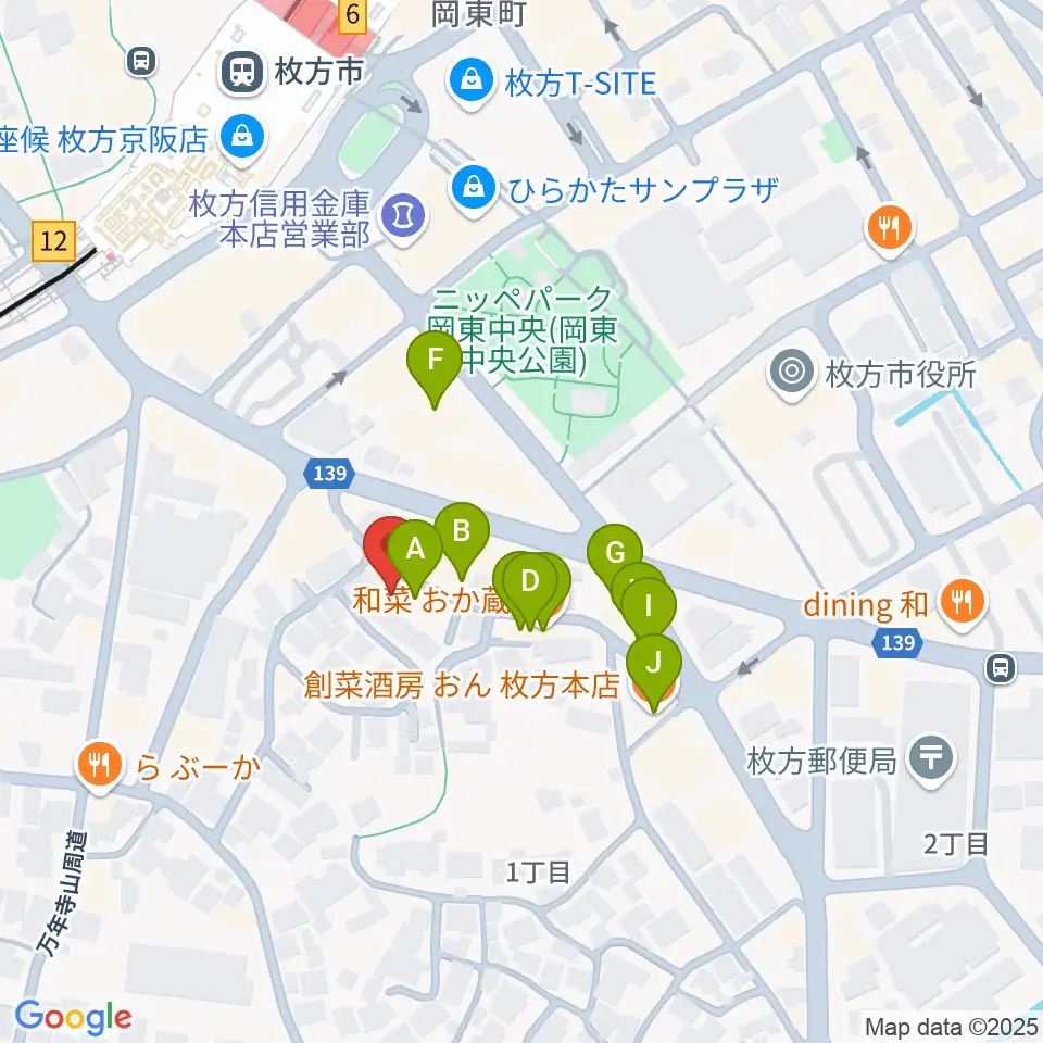 アズイズミュージック枚方店周辺のファミレス・ファーストフード一覧地図