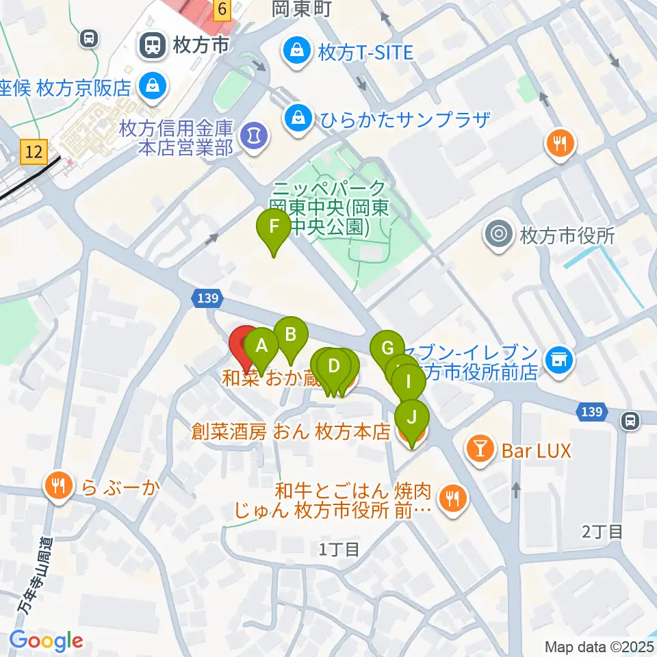 アズイズミュージック枚方店周辺のファミレス・ファーストフード一覧地図