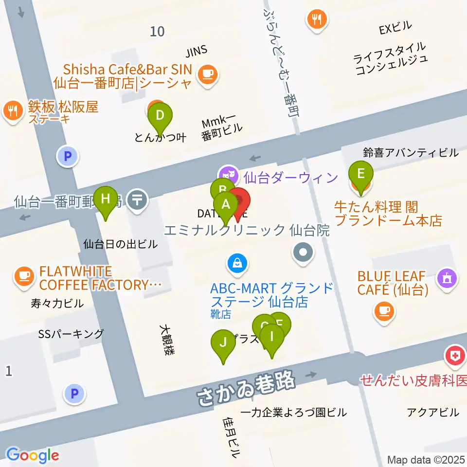 仙台darwin周辺のファミレス・ファーストフード一覧地図