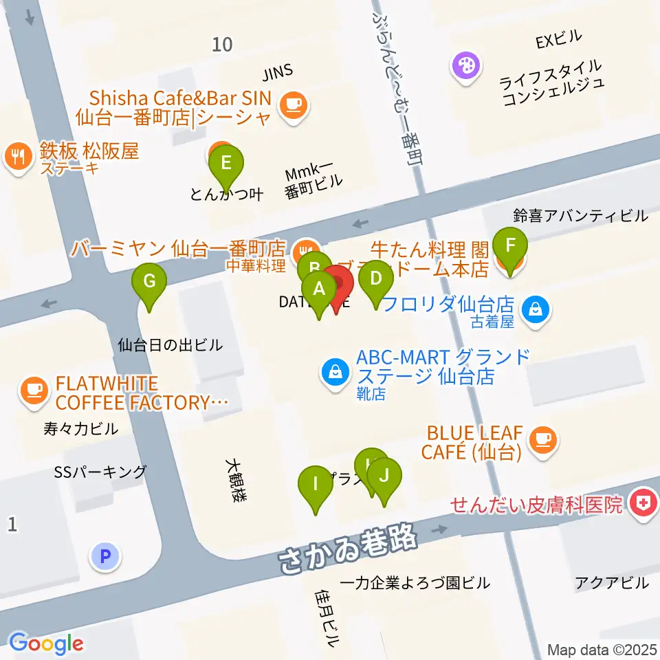仙台darwin周辺のファミレス・ファーストフード一覧地図