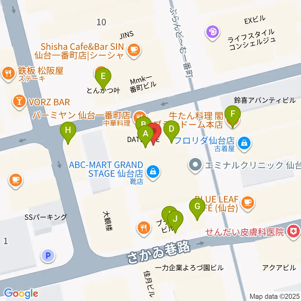仙台darwin周辺のファミレス・ファーストフード一覧地図