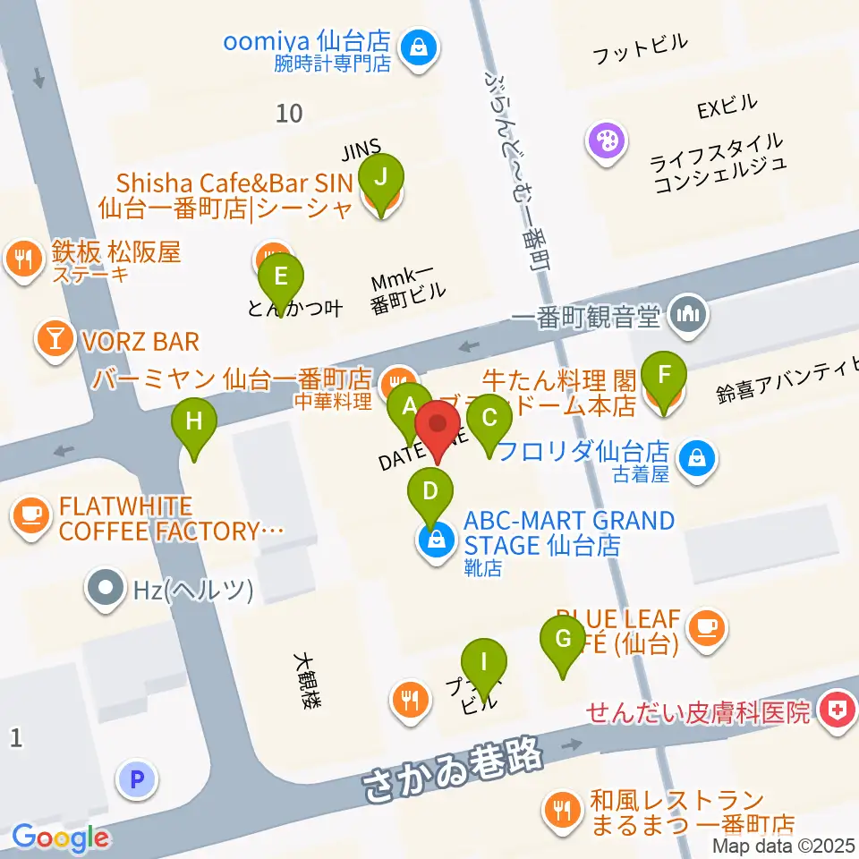 仙台darwin周辺のファミレス・ファーストフード一覧地図