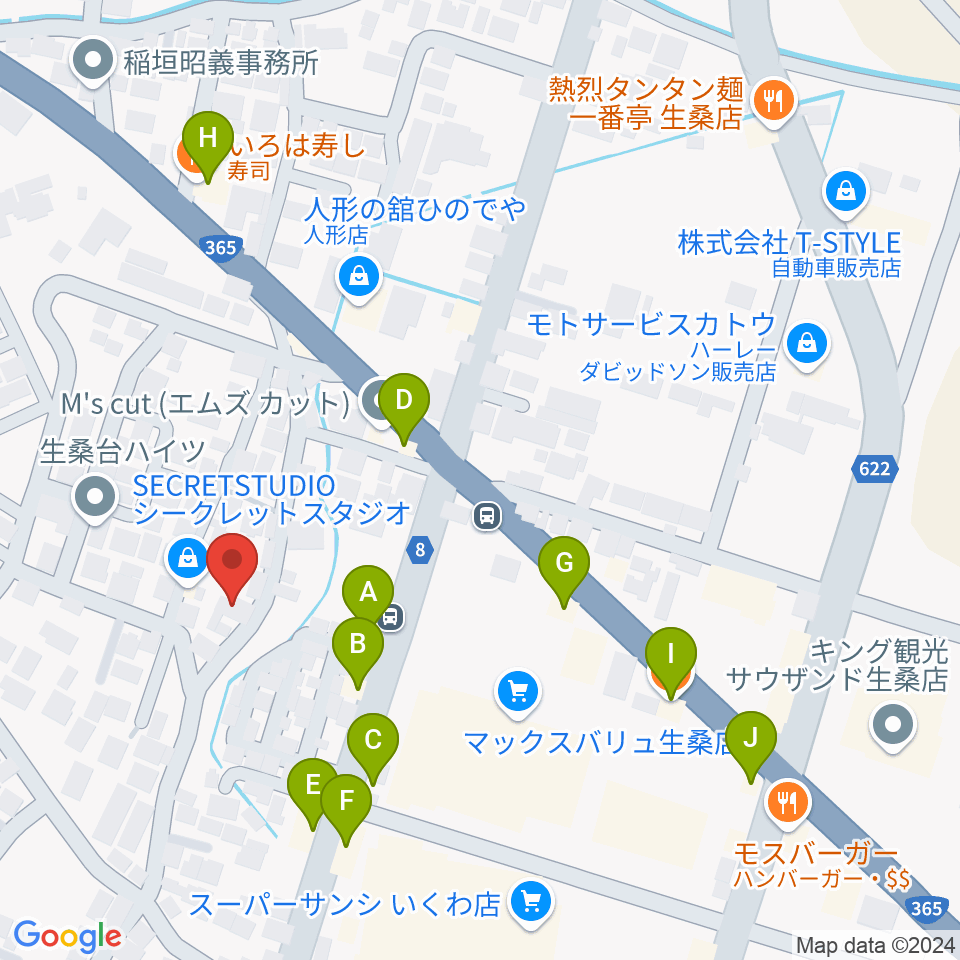 シークレットスタジオ周辺のファミレス・ファーストフード一覧地図