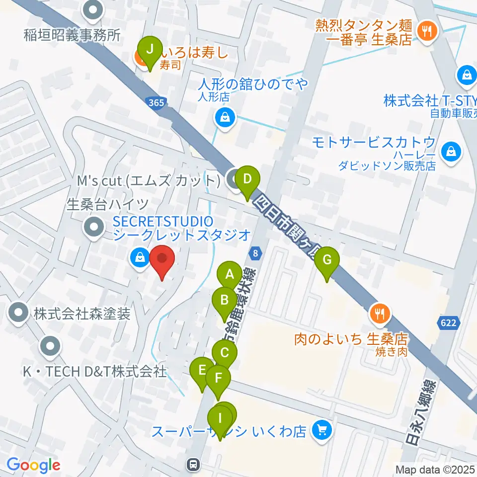 シークレットスタジオ周辺のファミレス・ファーストフード一覧地図
